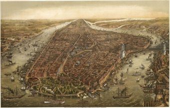 Bird's eye panorama of Manhattan & New York City in 1873. The Brooklyn Bridge is undoubtedly inaccurate given that connection would not be completed for the next a decade.