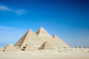Menkaure's pyramid (front side), Khafre's pyramid (center), and Khufu's pyramid (back).